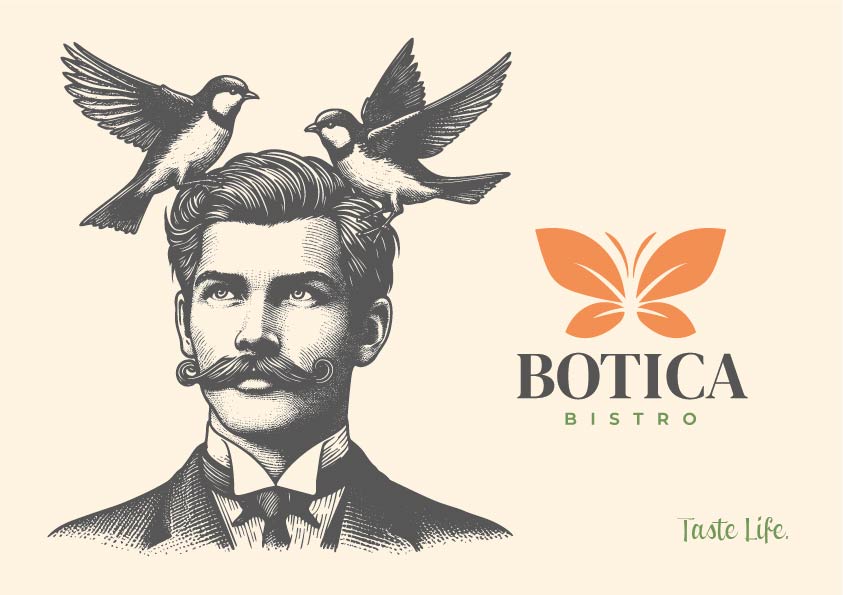 BOTICA BISTRO vintage illustration of a gentleman with birds, Taste Life