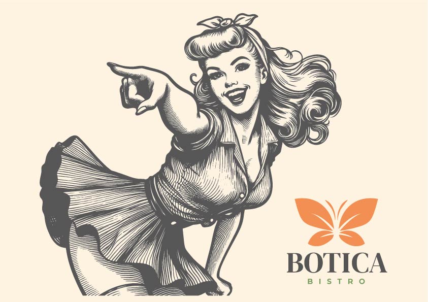 BOTICA BISTRO vintage pin-up illustration pointing the way, find us in Playa del Carmen